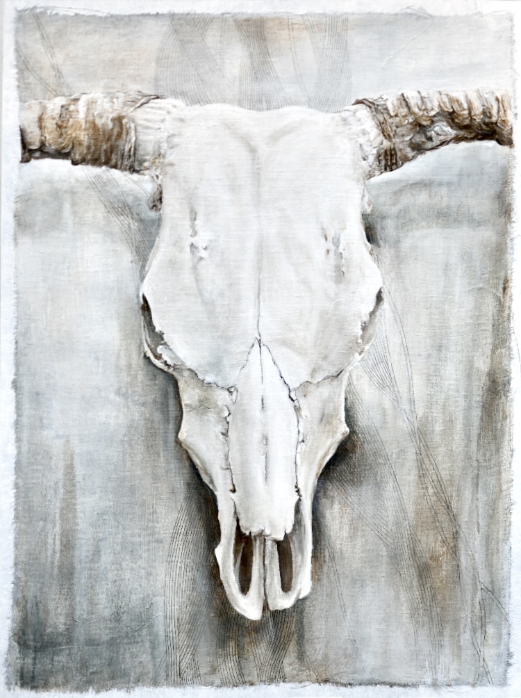 Acrylic Mixed-Media Painting of a cattle skull by Taryn Okesson. Southwest Inspired. 