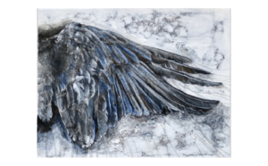 2021. Taryn Okesson. 11” x 14.” Acrylic, Worn Linen, String, Ink on Canvas. Study of a Corvid wing on a textured white background painting by Marquette Michigan artist Taryn Okesson.