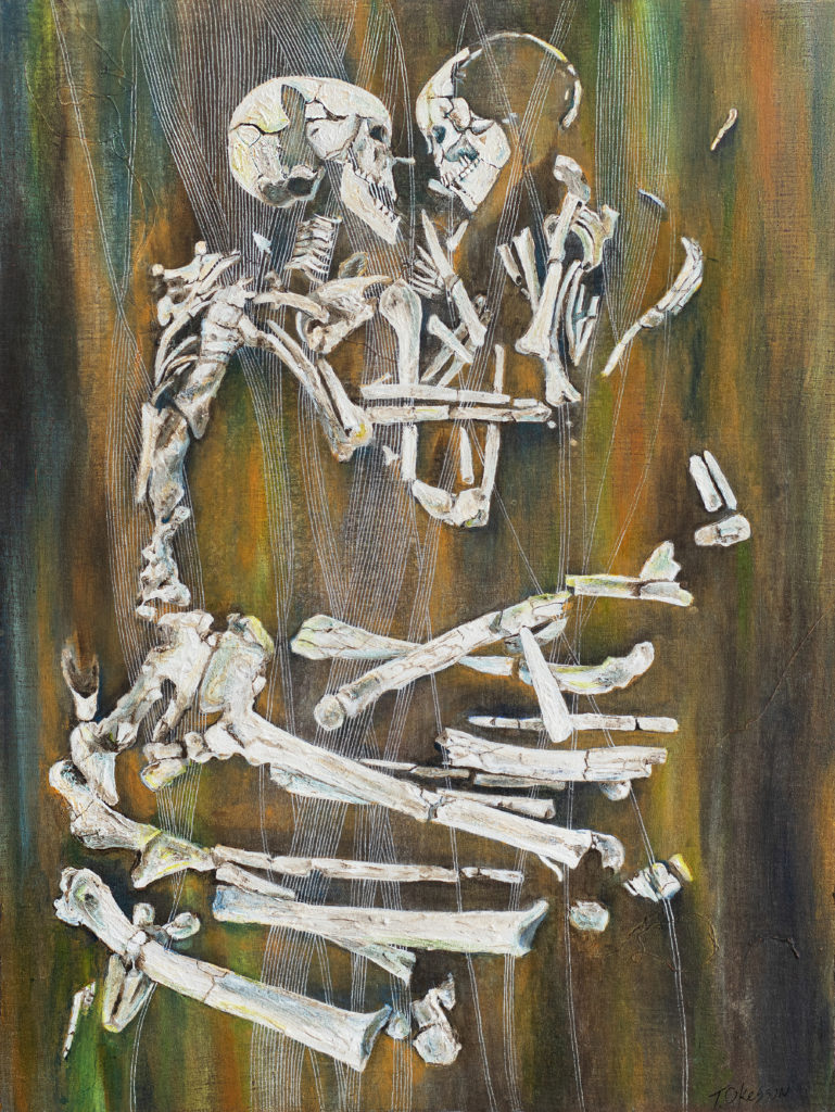 Mixed Media Acrylic Painting with Texture of two skeletons embracing based on a real set of male and female skeletons found in Italy known as the Lovers of Valdaro. Painting by Marquette Michigan Artist Taryn Okesson
