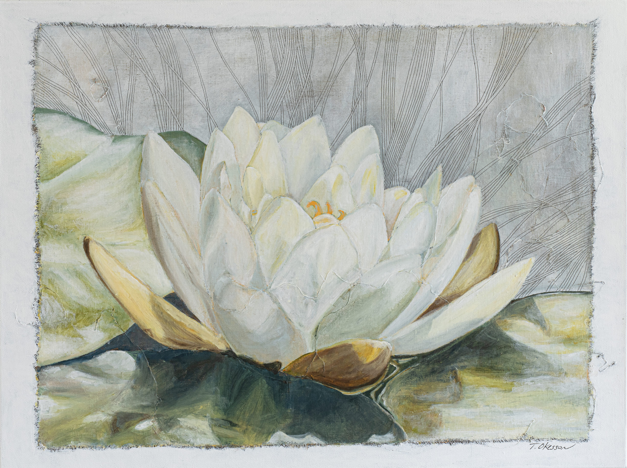 Mixed media acrylic, linen and ink painting of a white water lily by Marquette Michigan Midwest Artist Taryn Okesson