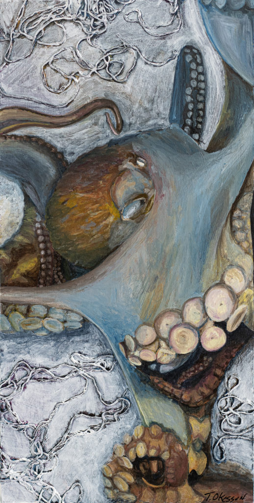 Original acrylic mixed media painting by Marquette, MI artist Taryn Okesson. Art for Sale online by artist. Octopus 12” x 6” x 1 1/2” Acrylic and Thread on Birch Cradleboard. Pacific Giant Octopus original painting. 