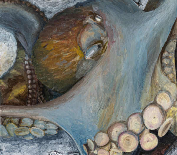 Octopus acrylic painting with thread texture. By Marquette MI visual artist Taryn Okesson.