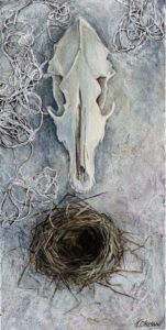 Coyote skull and empty nest acrylic painting with thread texture. By Marquette MI visual artist Taryn Okesson.
