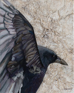 Small Acrylic mixed Media Raven Painting with nuetral textured background by Midwest Artist Tary Okesson.