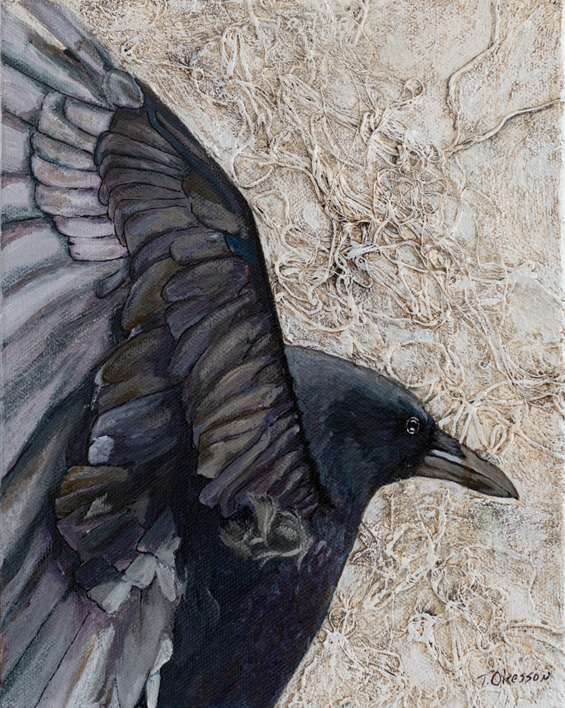 Original Acrylic mixed media painting of a Raven by Marquette MI visual artist Taryn Okesson. Inspired by the desert southwest, Sonoran desert, Arizona. Raven and Thread no. 2 10” x 8” x 1 1/2” Acrylic, Texture, Thread on Canvas. Marquette Michigan Art For Sale in person at Presque Isle Station Studio and Gallery. 