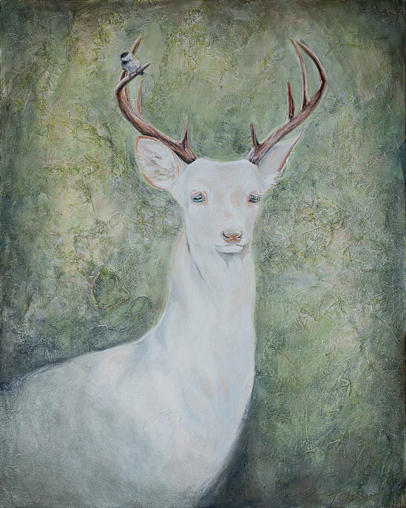 Original acrylic mixed media painting of an albino buck based on a Whitetail Deer from Presque Isle in Marquette Michigan. An original painting by mqt mi artist Taryn Okesson. An Albino Memory 30” x 24” x 1 1/2” Acrylic, Texture, Thread on Canvas. Marquette Michigan Art For Sale in person at Presque Isle Station Studio and Gallery. 
