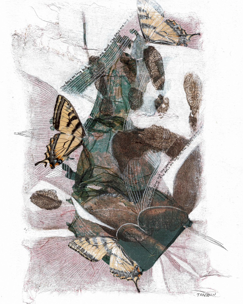 Mixed media artwork with hand and a butterfly by Marquette Michigan Artist Taryn Okesson. Artwork is about the Covid era. 