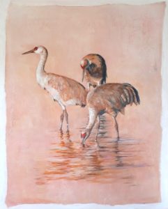 Three Sandhill Cranes Acrylic and Linen Painting Pink and Oranges by Marquette Michigan Artist Taryn Okesson