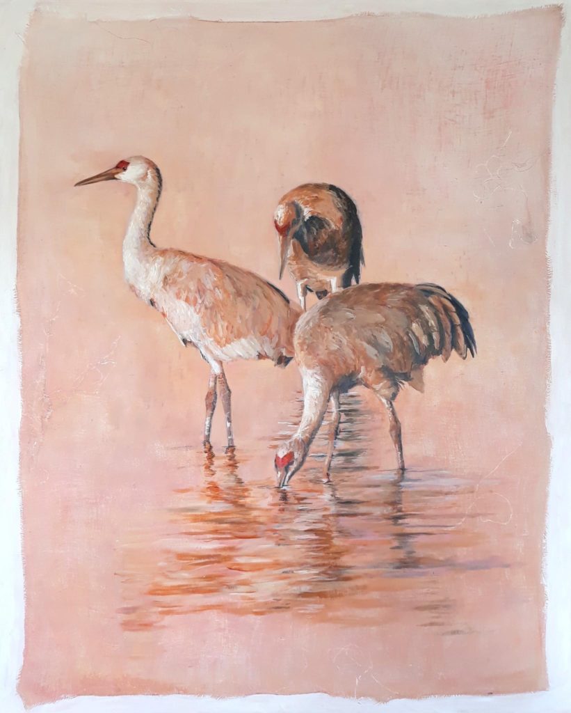 Three Sandhill Cranes Acrylic and Linen Painting Pink and Oranges by Marquette Michigan Artist Taryn Okesson 
