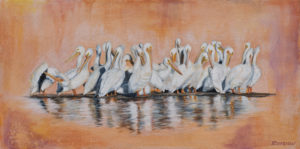 Acrylic Painting of a briefing of Pelicans with an orange background by Marquette Michigan artist Taryn Okesson