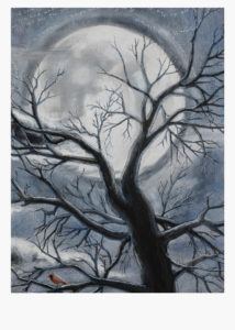Detail of Graveyard Painting, Showing the lyrics to a meaningful song that was included in the painting, Lynard Skynard's Simple Man. The text is written in white and forms spirals in a dark sky. Photograph and Painting by artist Taryn Okesson.