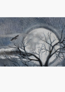 Detail of Graveyard Painting, Showing the lyrics to a meaningful song that was included in the painting, Lynard Skynard's Simple Man. The text is written in white and forms spirals in a dark sky. Photograph and Painting by artist Taryn Okesson.
