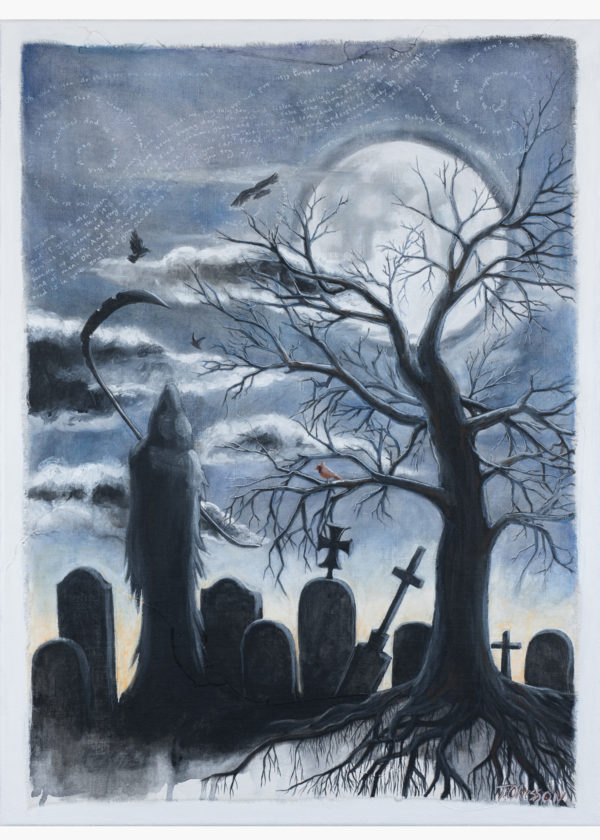 Graveyard under full room with grim reaper illustration. clouds backlit by full moon. Mixed media acrylic painting on canvas by Michigan artist Taryn Okesson. Painting is based on a graphic tattoo.
