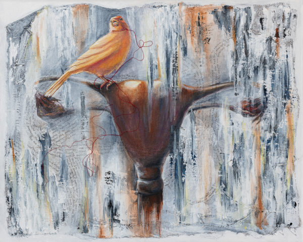 A canary is perched on the shape of a uterus. The canary is singing. He has a collar made of red thread stitched across his neck. The background of the painting is textured with blue, red, orange and white paints. In the background parts of the SCOTUS draft opinion about overturning Roe v Wade are hand written. Not all the words are visible in the layers of paint. Art by Taryn Okesson.