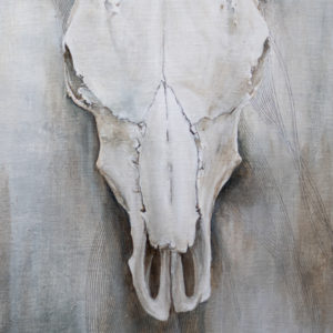 Thumbnail detail of White Skull Painting, close up of section of the skull showing texture of linen and painting details. Contemporary mixed media still life by visual artist Taryn Okesson.