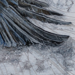 Detail of Corvid Wing Study Painting by Marquette Michigan Artist Taryn Okesson. Shows texture details and the tips of the feathers.
