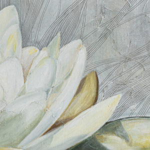 Thumbnail detail of Water Lily Painting. This detail shows the Lily petals and the painting textures. Contemporary mixed media painting by Midwest visual artist Taryn Okesson.