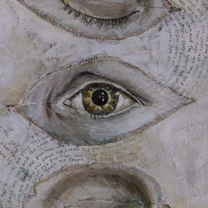 Thumbnail detail of Painting The Days are Long and the Years are Short. Detail shows the eye painted on the leaf and sewn onto the canvas. Contemporary Painting by visual artist Taryn Okesson.