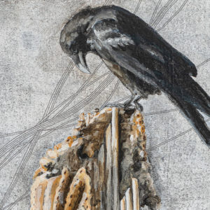 Thumbnail showing Raven detail for Acrylic mixed media painting Sonoran Raven by Marquette Artist Taryn Okesson