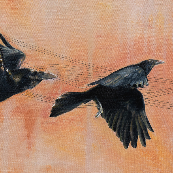 Thumbnail of Contemporary Wildlife painting showing three ravens flying. Artwork by Marquette Michigan Artist Taryn Okesson.