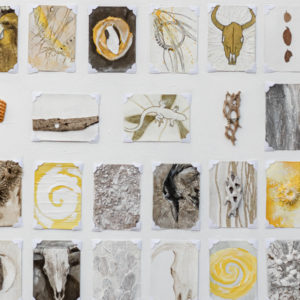 Thumbnail detail of Mixed Media artwork Fifty-two. Shows the different materials and textures on the smaller elements that make up the entire grid of the work. Artwork by Michigan artist Taryn Okesson.