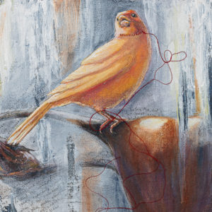 Thumbnail detail of painting A Song of Women's Rights for SCOTUS. Detail shows close up of canary element and its stitched collar of red thread. Painted by contemporary mixed media visual artist Taryn Okesson.