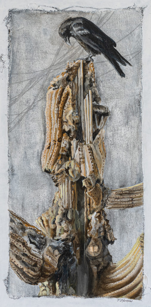 Raven perched on a dying saguaro cactus. Acrylic and linen on birch cradleboard by mqt mi visual Artist Taryn Okesson.