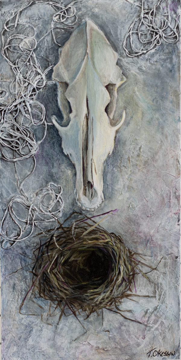 A painting painting at 1 to 2 scale portrait oriented. A still life consisting of a worn coyote skull arranged above an empty empty next. The view is from directly above. Color palette consists of grays and violets. Thick thread is painted on the surface of the painting. Artwork by Taryn Okesson.