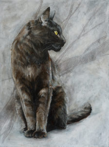 Mixed Media Acrylic Painting of a black cat with gold eyes sitting regally and looking to the right, background is whites and neutrals with textures. Artwork by Marquette Michigan Artist Taryn Okesson.