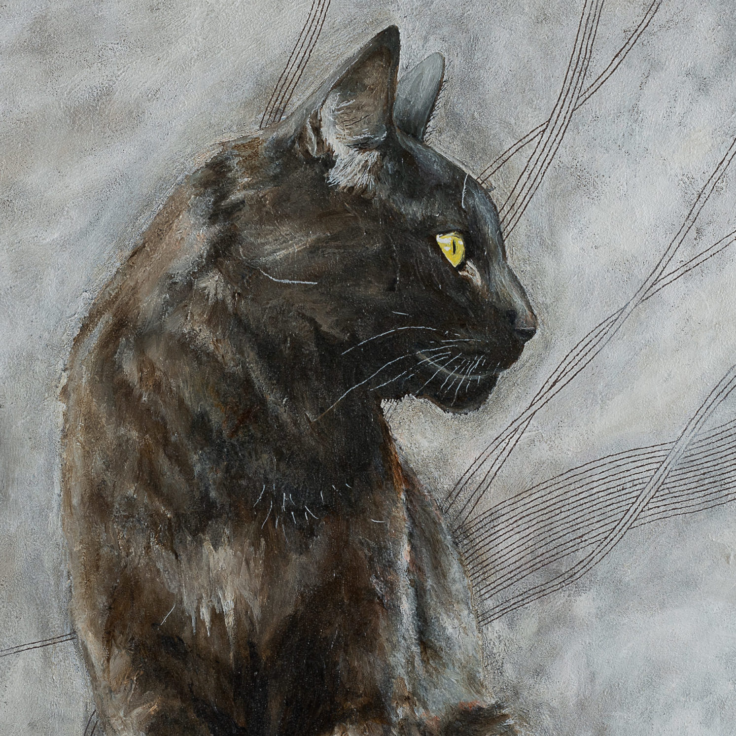 Mixed Media Acrylic Painting of a black cat with gold eyes sitting regally and looking to the right, background is whites and neutrals with textures. Artwork by Marquette Michigan Artist Taryn Okesson.