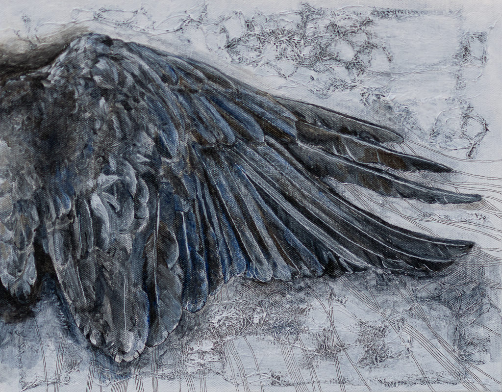 Mixed media painting study of a corvid wing with a textured background of fabric and thread. Contemporary wildlife painting by Midwest visual artist Taryn Okesson.