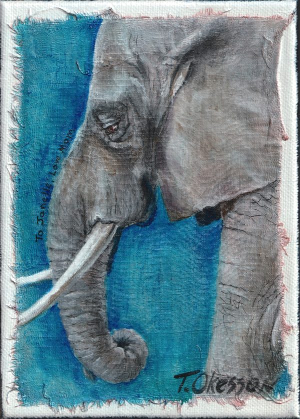 Small 5x7 painting on stretched canvas. A profile of an elephant’s head on a saturated blue background. Painting by Marquette Michigan Artist Taryn Okesson