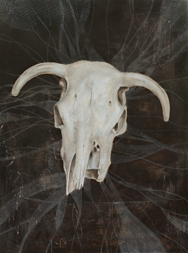 A textured white cattle skull is in the center of a rich, dark brown textured canvas. There are patterns of white lines drawn away from the center. Artwork by Taryn Okesson